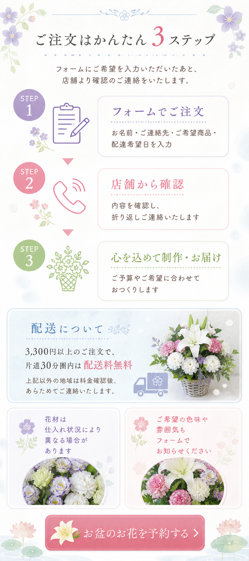 ご注文はかんたん3ステップ。フォームでご注文、店舗から確認、心を込めて制作とお届け。3,300円以上のご注文で片道30分圏内は配送料無料。